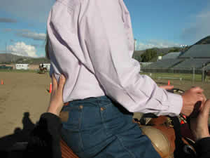 Photo 1. The rider is able to resist my pressure on her back and fist because her back is flat and solid. She has maintained the distance between my hands creating a good contact, which allows her to keep her hands in front of her. She can shorten her reins to make contact with the horse's mouth without pulling back.