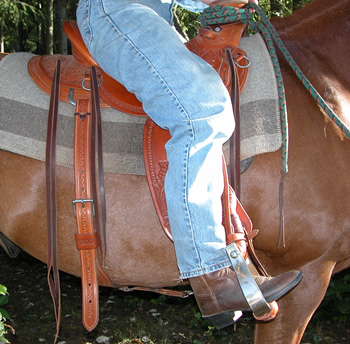 Photo 1. The rider is bracing against her stirrup. She has pushed the stirrup forward so that her foot is in front of the horse’s elbow. The fender is at an angle instead of perpendicular to the ground meaning she is the reason the fender is forward. All of her weight is on the horse's back instead of being distributed between her seat and legs.