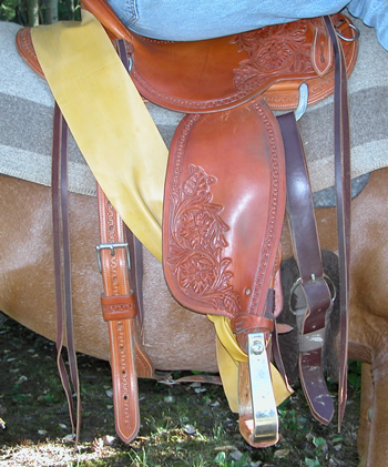 Photo 2. The Equiband is tied to the stirrups. Observe that without the rider's leg the fender hangs vertical and is well placed for this rider. The distance from the deepest part of the seat to the fender is approximately the distance from her ankle to the ball of the foot. (See Pain-Free Back and Saddle Fit Book by Dr. Joyce Harman for more information on saddles.) The Equiband is tied securely to the inside branch of the stirrup and goes over the cantle of the saddle. Please note: CAUTION should be used when using an Equiband or any auxiliary equipment. It is extremely important to acclimate the horse first. If the horse or rider shows any sign of concern with this or any other training aid it should NOT BE USED.
