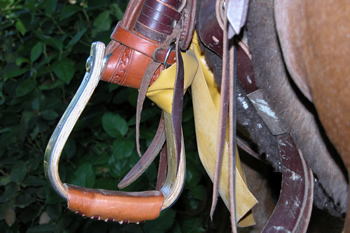 Photo 4. The Equiband is securely tied to the inside branch of each stirrup so that the Equiband is under the rider's leg.
