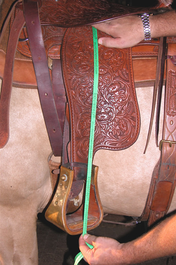 Photo 2. Using a string to measure the length of the stirrup on a Western saddle. Make sure you keep the string taught and measure from the same place at the top of the fender for accuracy.