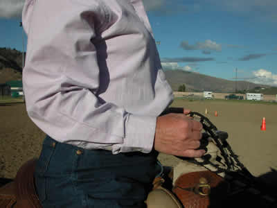 Photo 3. The elbows are too far back. The rider's hands are behind the saddle horn. The rider's back has hollowed and stiffened.